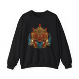 Unisex Mythical Tribal Mask Crewneck Sweatshirt Heavy Blend Pullover Cultural Warrior Spirit Inspired Festival Graphic Art Streetwear Top