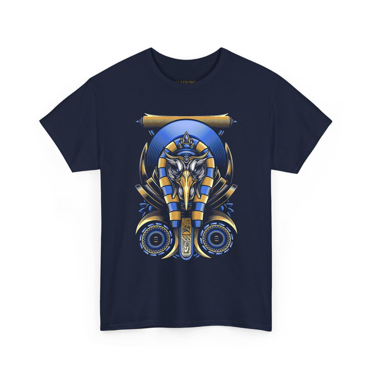 Eye Of Eternity Unisex Heavy Cotton Tee Ancient Egyptian Owl Pharaoh Gold And Blue Cosmic Streetwear Tee For Spiritual Strength And Timeless Power