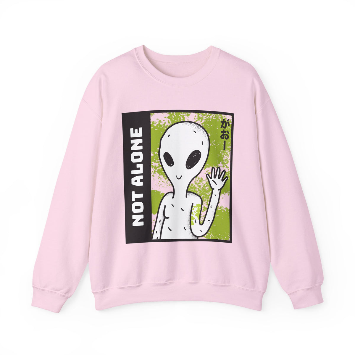Not Alone Alien Unisex Crewneck Sweatshirt UFO Cartoon Graphic Pullover Extraterrestrial Sci Fi Space Themed Conspiracy Inspired Paranormal Streetwear
