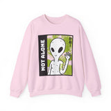 Not Alone Alien Unisex Crewneck Sweatshirt UFO Cartoon Graphic Pullover Extraterrestrial Sci Fi Space Themed Conspiracy Inspired Paranormal Streetwear
