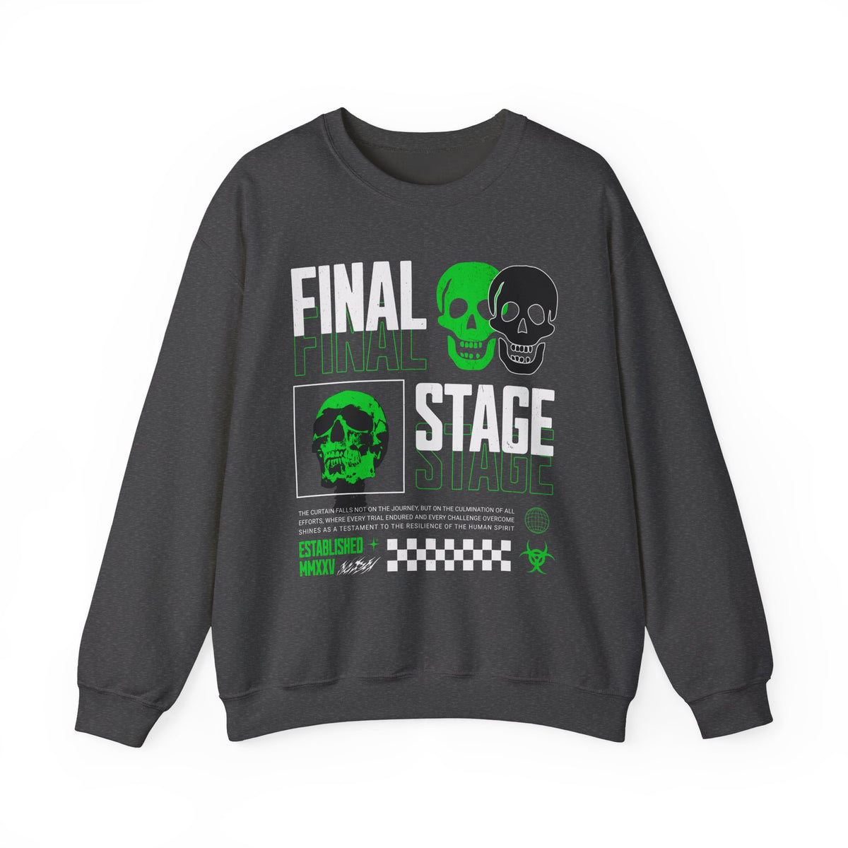 Final Stage Unisex Heavy Blend Crewneck Sweatshirt Graphic Pullover Black Skull Neon Green Streetwear Futuristic Cyberpunk Bold Artistic Fashion Outfit