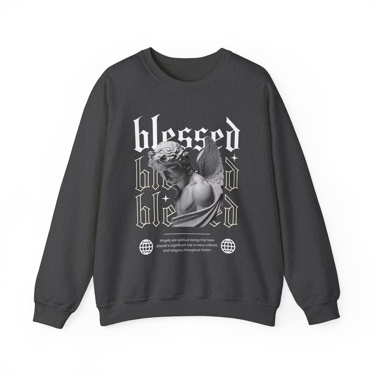 Blessed Angel Statue Graphic Unisex Heavy Blend Crewneck Sweatshirt Gothic Streetwear Aesthetic Spiritual Bold Artistic Pullover