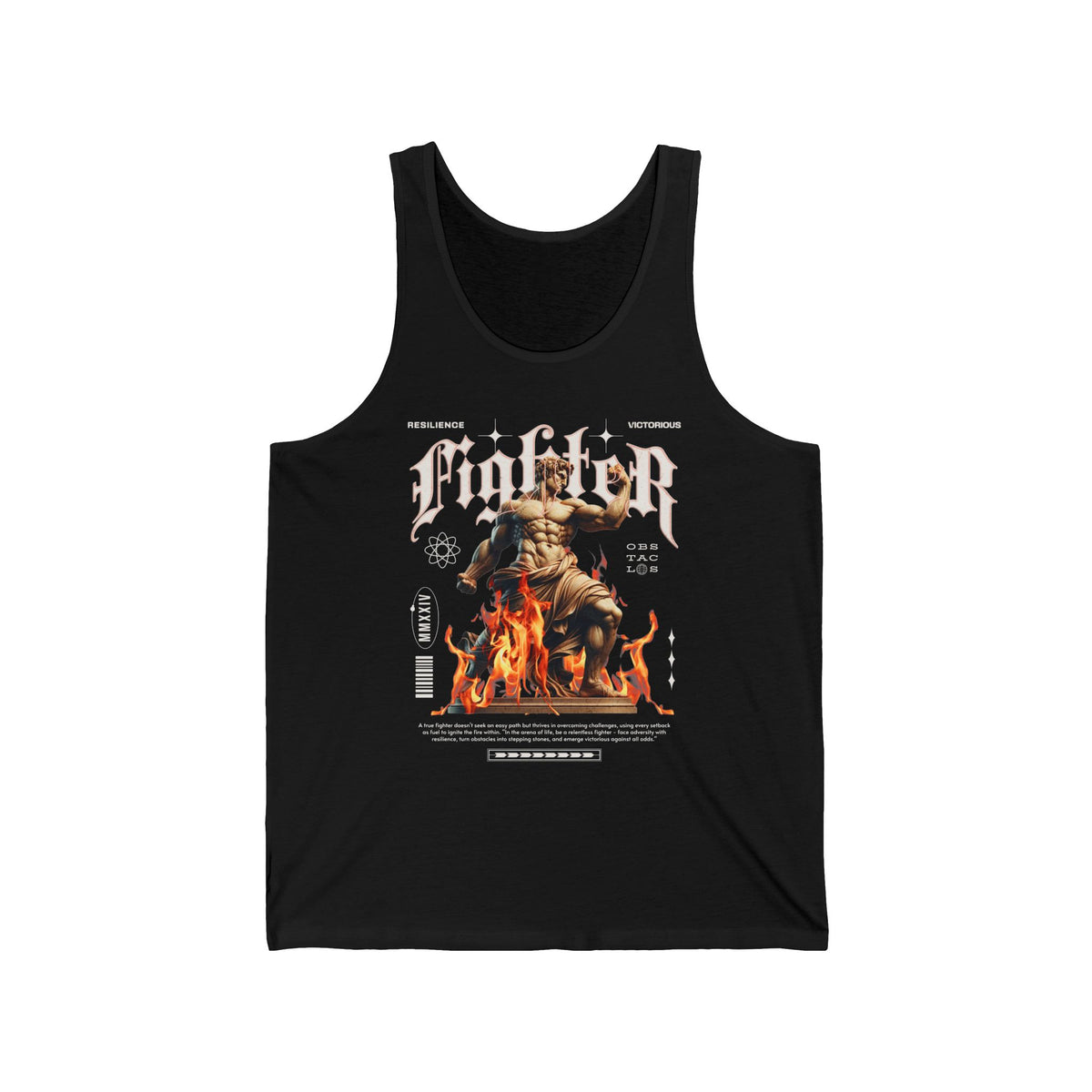 Fighter Resilience Victorious Flame Statue Graphic Unisex Jersey Tank Top Motivational Gym Streetwear Sleeveless