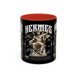 Hermes Accent Coffee Mug 11oz 15oz Black Ceramic Mythology Cup with Greek God Winged Statue Design for History Lovers and Art Enthusiasts