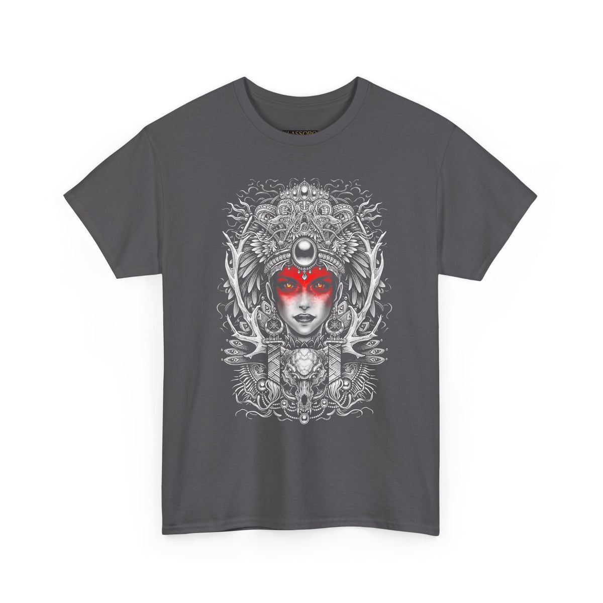Mystic Warrior Goddess Unisex Heavy Cotton Tee Bold Monochrome Tribal Design Powerful Feminine Energy Streetwear Graphic T-Shirt for Art Lovers Festivals and Everyday Wear