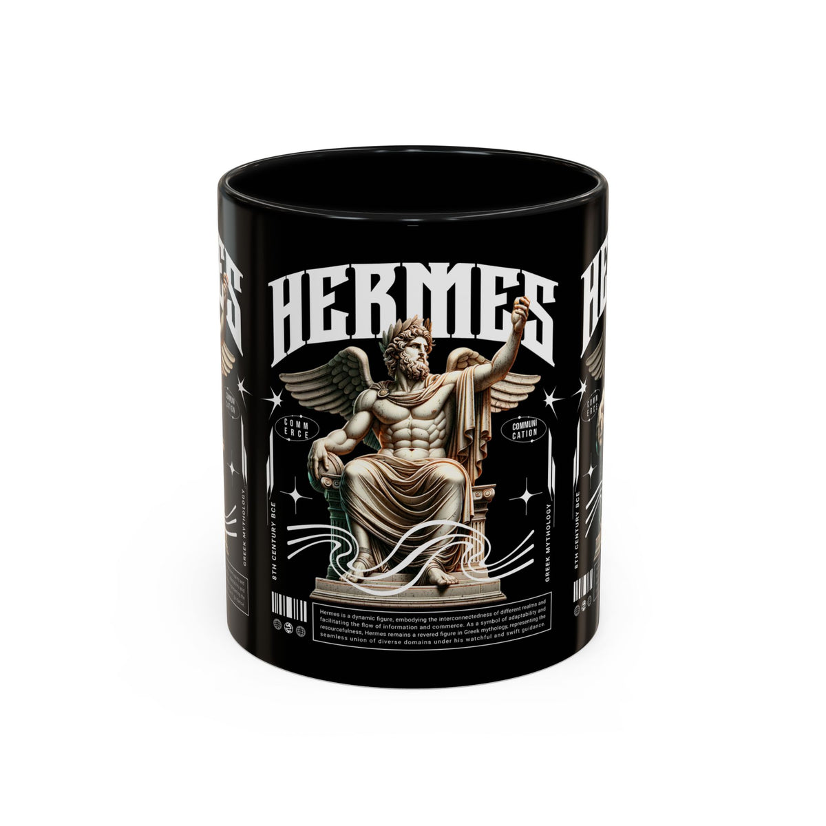 Hermes Accent Coffee Mug 11oz 15oz Black Ceramic Mythology Cup with Greek God Winged Statue Design for History Lovers and Art Enthusiasts