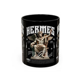 Hermes Accent Coffee Mug 11oz 15oz Black Ceramic Mythology Cup with Greek God Winged Statue Design for History Lovers and Art Enthusiasts