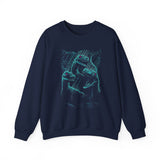 Prehistoric Thunder Unisex Crewneck Sweatshirt Electric Blue Neon Raptor Storm Design Bold Streetwear for Dino Lovers Artists and Urban Dreamers