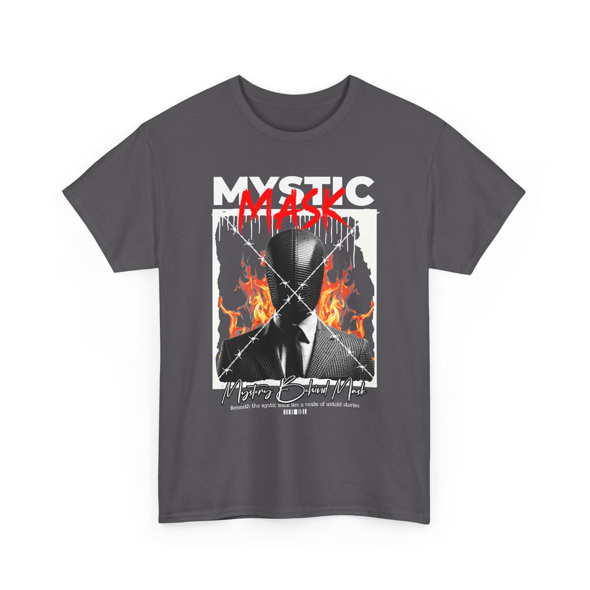 Mystic Mask Flames Graphic Unisex Heavy Cotton Tee Hustler Streetwear Motivational Dark Mystery Bold Design