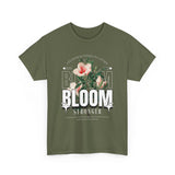 Unisex Heavy Cotton Tee Bloom Stronger Floral Graphic Black T Shirt Motivational Nature Inspired Aesthetic Streetwear Fashion Outfit