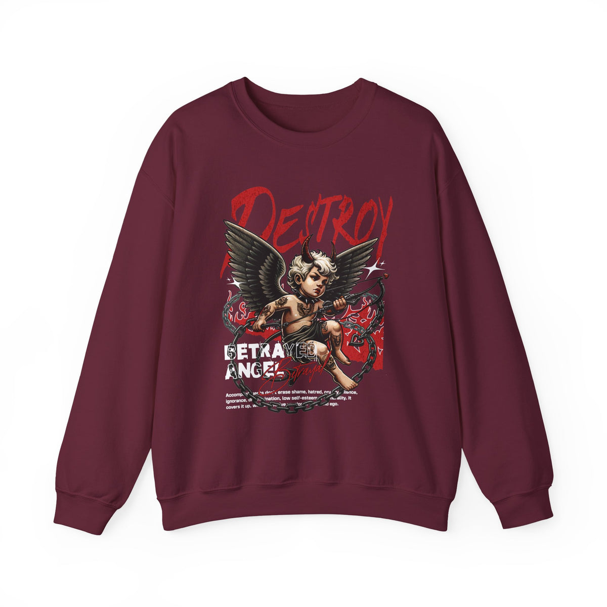 Unisex Heavy Blend Crewneck Sweatshirt Betrayed Angel Destroy Graphic Pullover Black Gothic Streetwear Fire Print Bold Motivational Urban Fashion Outfit