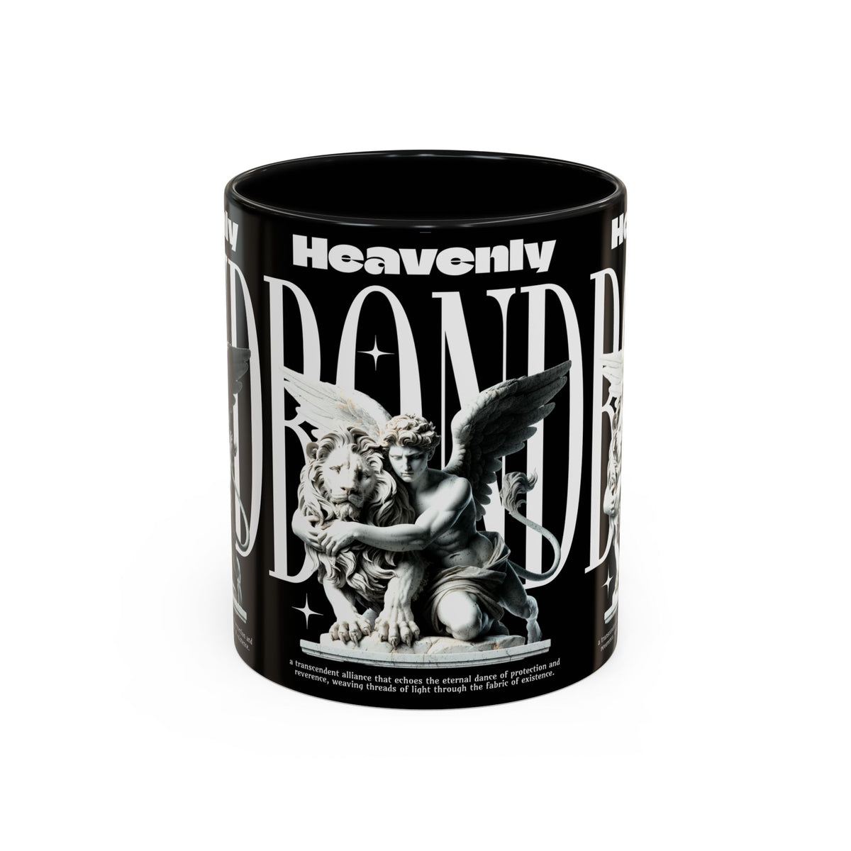 Heavenly Bond Accent Coffee Mug 11oz 15oz Angel And Lion Statue Spiritual Artistic Graphic Ceramic Cup Bold Motivational Streetwear Inspired Fashion Drinkware