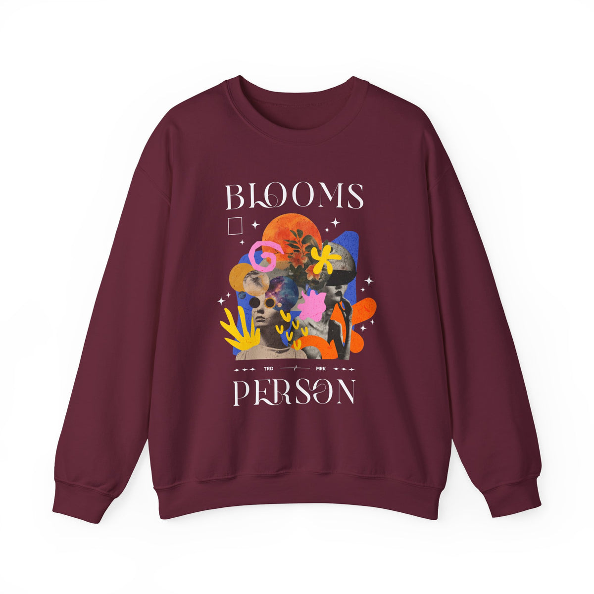 Blooms Person Unisex Heavy Blend Crewneck Sweatshirt Graphic Pullover Black Abstract Colorful Floral Head Artistic Modern Streetwear Creative Futuristic Fashion Outfit