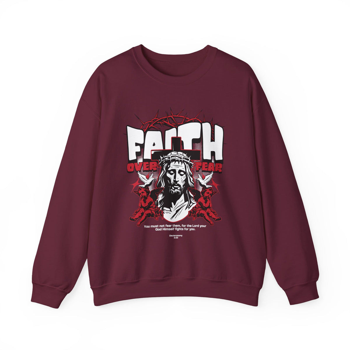 Faith Over Fear Jesus Crown Of Thorns Unisex Heavy Blend Crewneck Sweatshirt Christian Graphic Bold Religious Streetwear Motivational Bible Verse Pullover