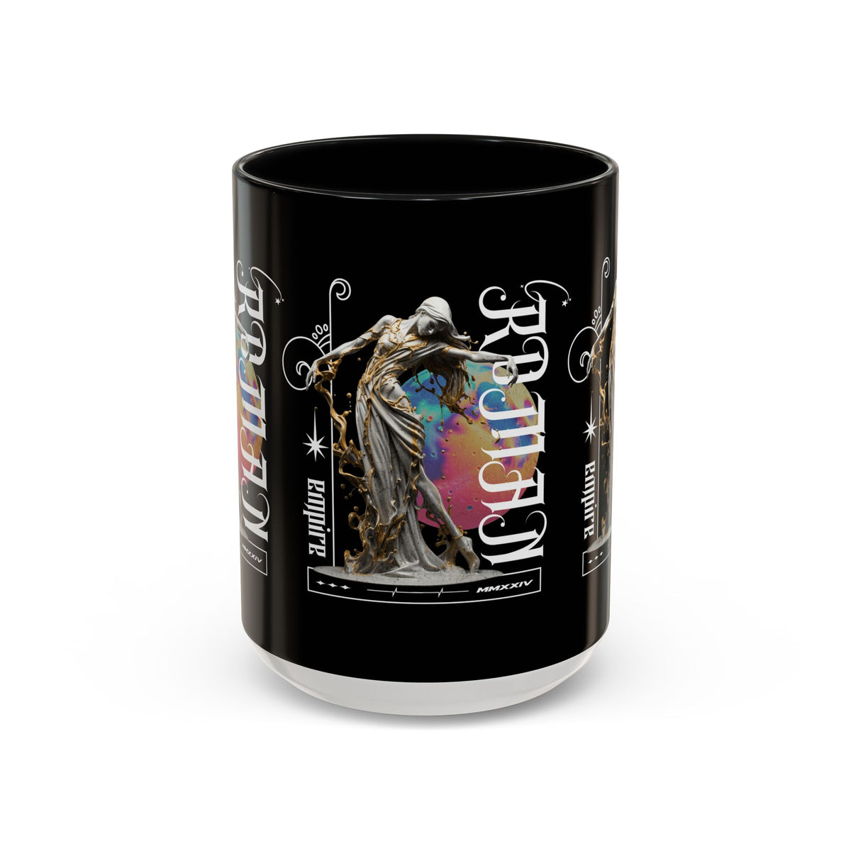 Sculptural Future Statue Art Accent Coffee Mug 11oz 15oz Greek Goddess Cosmic Abstract Splash Bold Artistic Streetwear Ceramic Cup