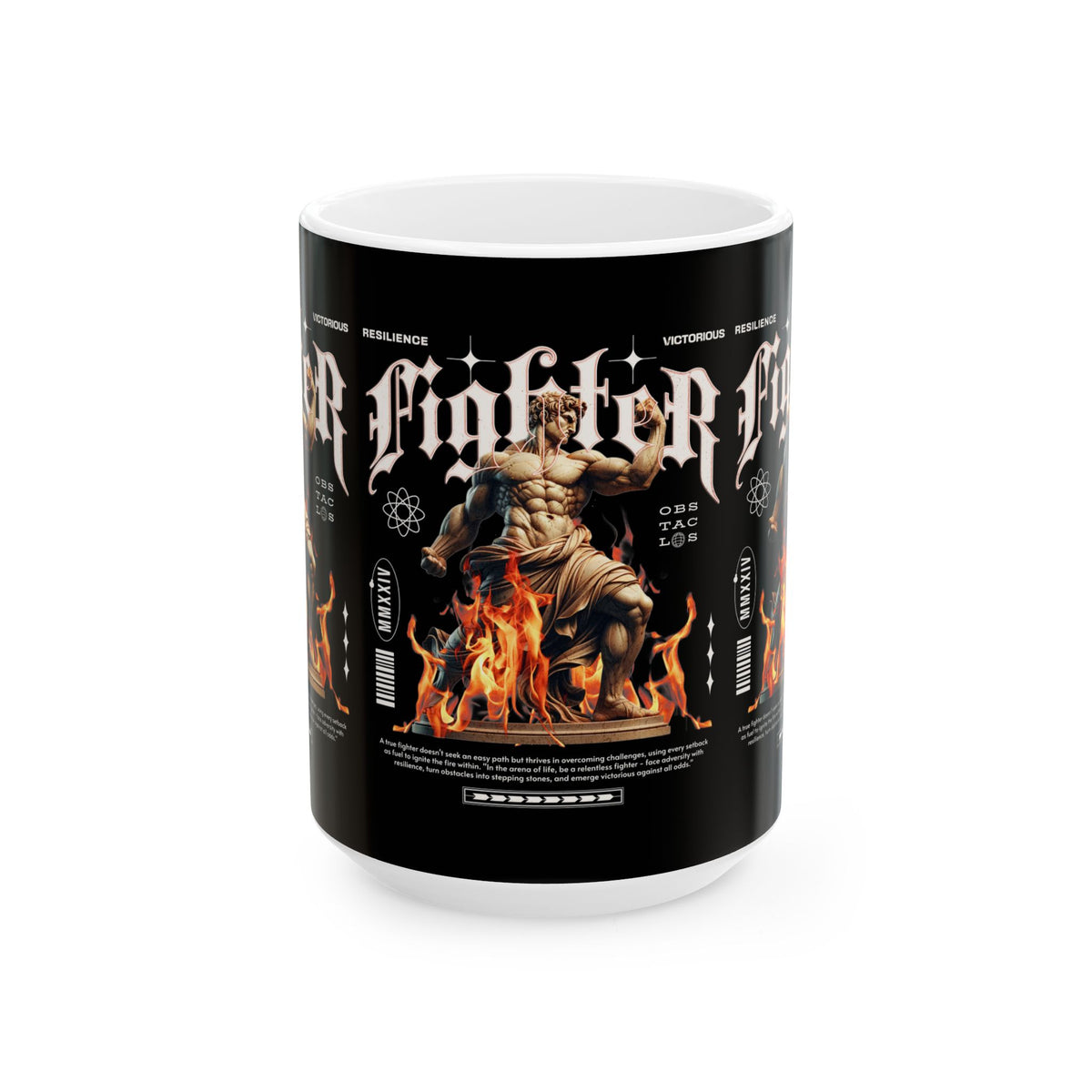 Fighter Resilience Victorious Flame Statue Graphic Ceramic Mug Unisex Motivational Coffee Tea Cup Streetwear Inspired Drinkware