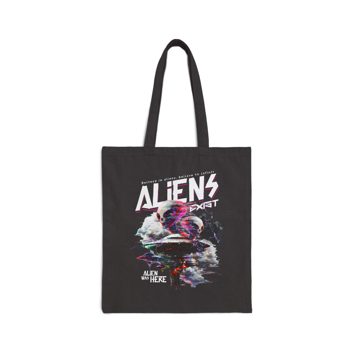 Aliens Exist Cotton Canvas Tote Bag UFO Extraterrestrial Glitch Art Eco Friendly Shopping Bag