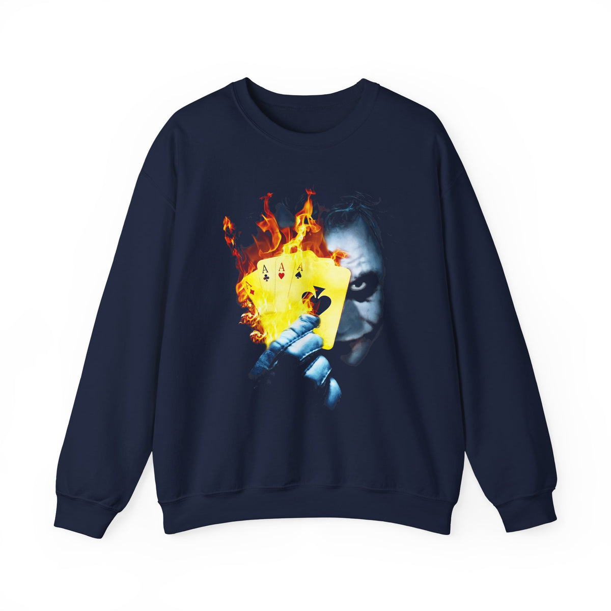 The Jocker Burning Aces Unisex Sweatshirt Fiery Gothic Streetwear Bold Dark Art Design for Risk Takers, Hustlers, and Fearless Fall Fashion Lovers