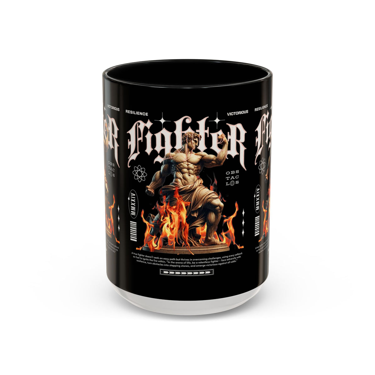 Fighter Accent Coffee Mug 11oz 15oz Black Ceramic Cup with Greek Warrior Statue and Flames Design for Hustlers and Motivated Minds