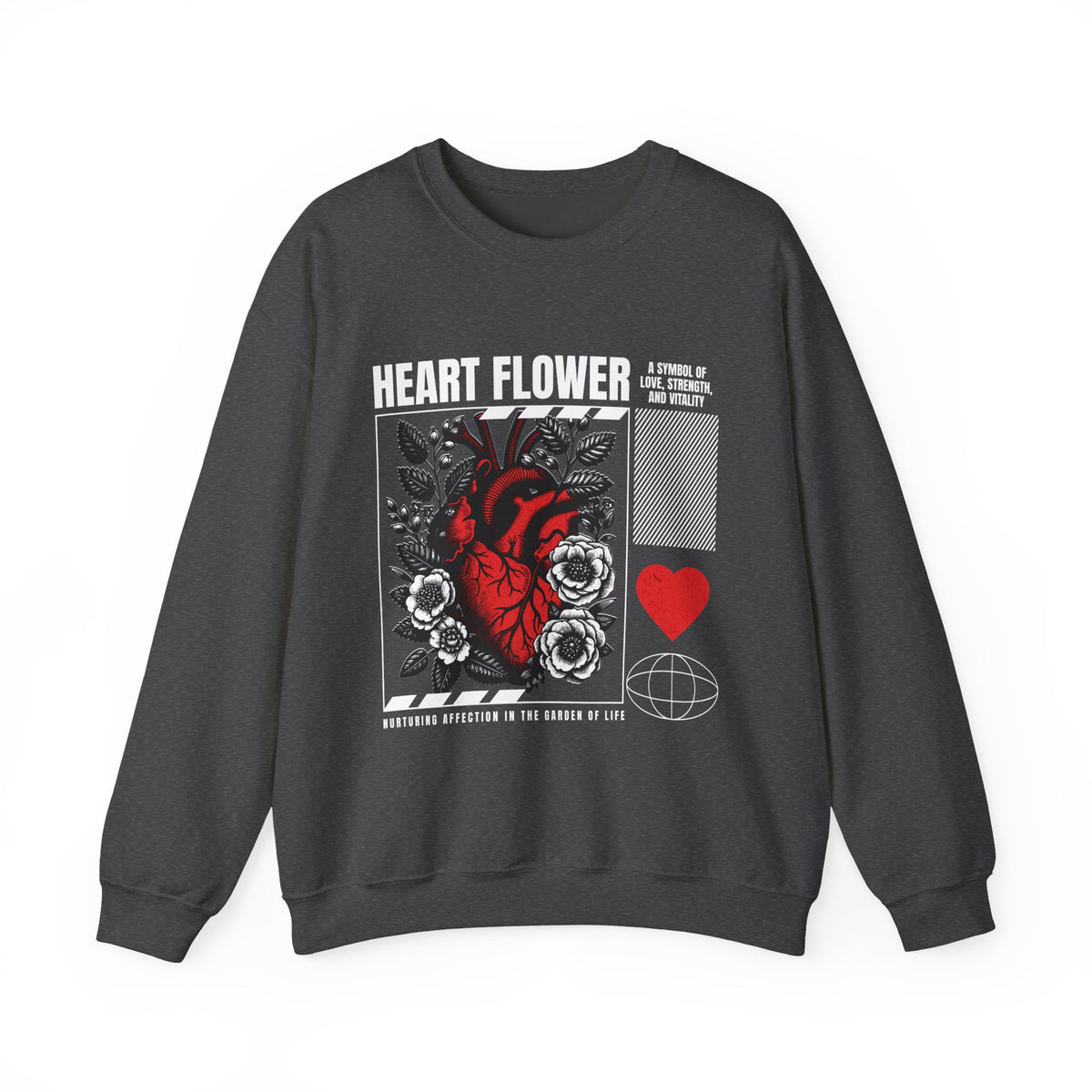 Heart Flower Graphic Unisex Heavy Blend Crewneck Sweatshirt Comfortable Streetwear Pullover Bold Red and Black Floral Heart Design Symbol of Love Strength and Vitality Perfect Gift for Friends Birthdays Cozy Days and Everyday Wear