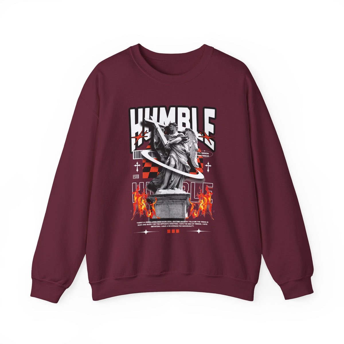 Humble Angel Statue Unisex Heavy Blend Crewneck Sweatshirt Graphic Pullover Streetwear Fire Print Bold Motivational Urban Fashion Outfit