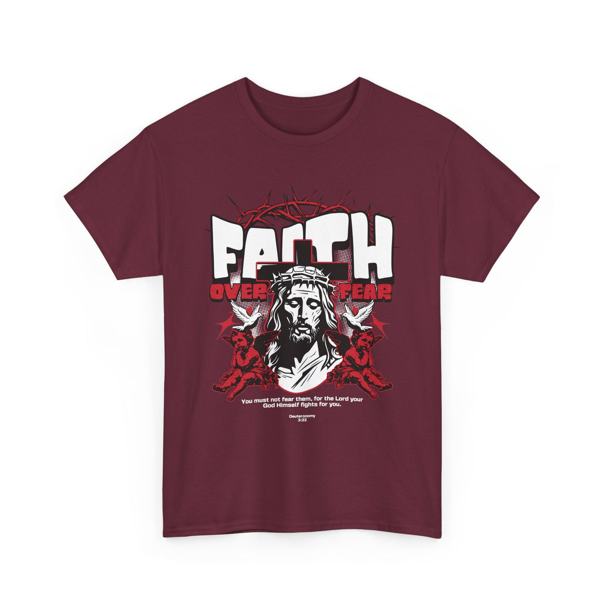 Faith Over Fear Jesus Crown Of Thorns Unisex Heavy Cotton Tee Christian Graphic Bold Religious Streetwear Motivational Bible Verse T Shirt