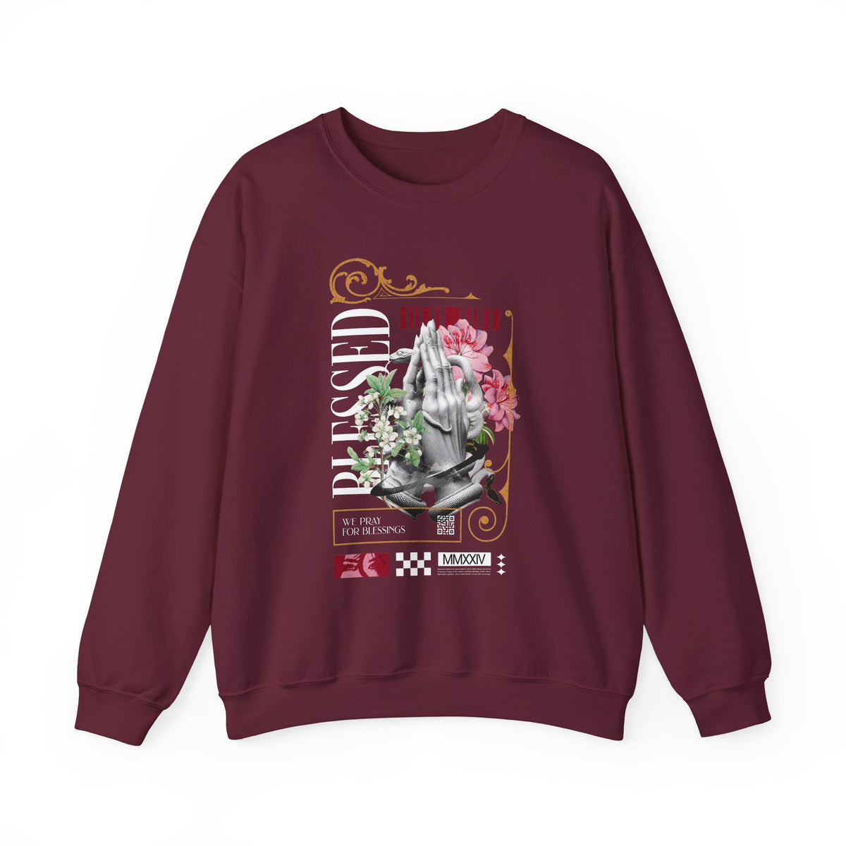 Blessed Praying Hands Floral Christian Graphic Unisex Heavy Blend Crewneck Sweatshirt Faith Inspired Religious Streetwear Bold Motivational Pullover