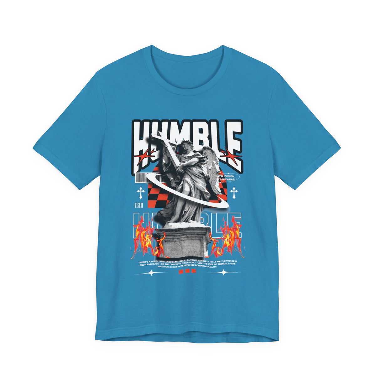 Unisex Jersey Short Sleeve Tee Humble Angel Statue Graphic Streetwear Fire Print T Shirt Bold Motivational Urban Fashion Outfit