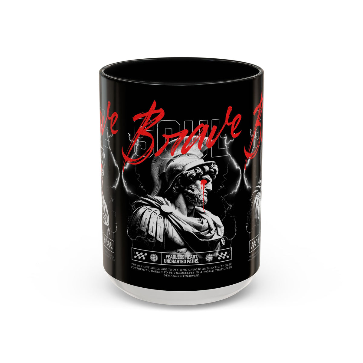 Brave Soul Warrior Accent Coffee Mug 11oz 15oz Black Ceramic Two Tone Cup Bold Statue Design with Red Script Gift for Coffee Lovers