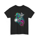 Seahorse Knight Neon Warrior Unisex Heavy Cotton Tee Futuristic Cyberpunk Fantasy Streetwear T Shirt Vibrant Medieval Armor Design Perfect For Gamers Dreamers And Art Lovers
