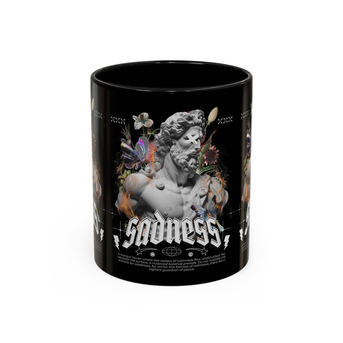 Sadness Statue Accent Coffee Mug 11oz 15oz Two Tone Ceramic Gothic Art Cup with Butterfly and Flame Design