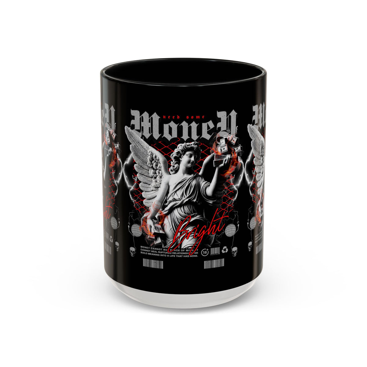 Money Bright Angel Accent Coffee Mug 11oz 15oz Gothic Statue Black Ceramic Cup with Red Flames and Cash Design for Hustlers