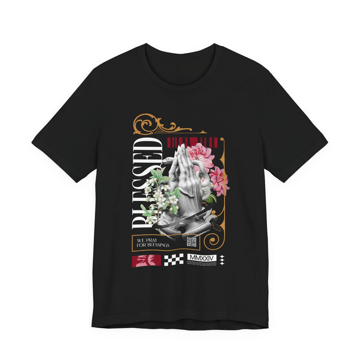 Blessed Praying Hands Floral Christian Graphic Unisex Jersey Short Sleeve Tee Faith Inspired Religious Streetwear Bold Motivational T Shirt