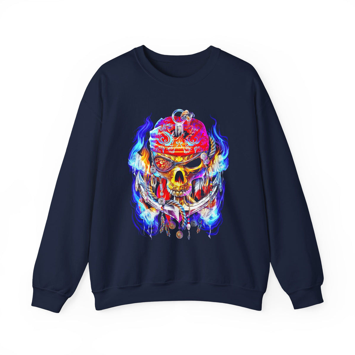 Flaming Pirate Skull Unisex Heavy Blend Crewneck Sweatshirt Fiery Gothic Nautical Streetwear Pullover Skull And Anchor Design For Bikers Artists Gamers And Rebel Souls
