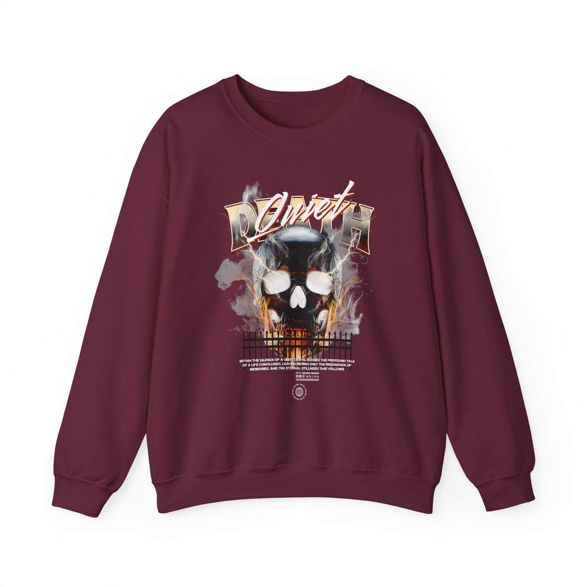 Death Silence Skull Fire Graphic Unisex Heavy Blend Crewneck Sweatshirt Gothic Horror Streetwear Bold Vintage Dark Flame Skull Pullover
