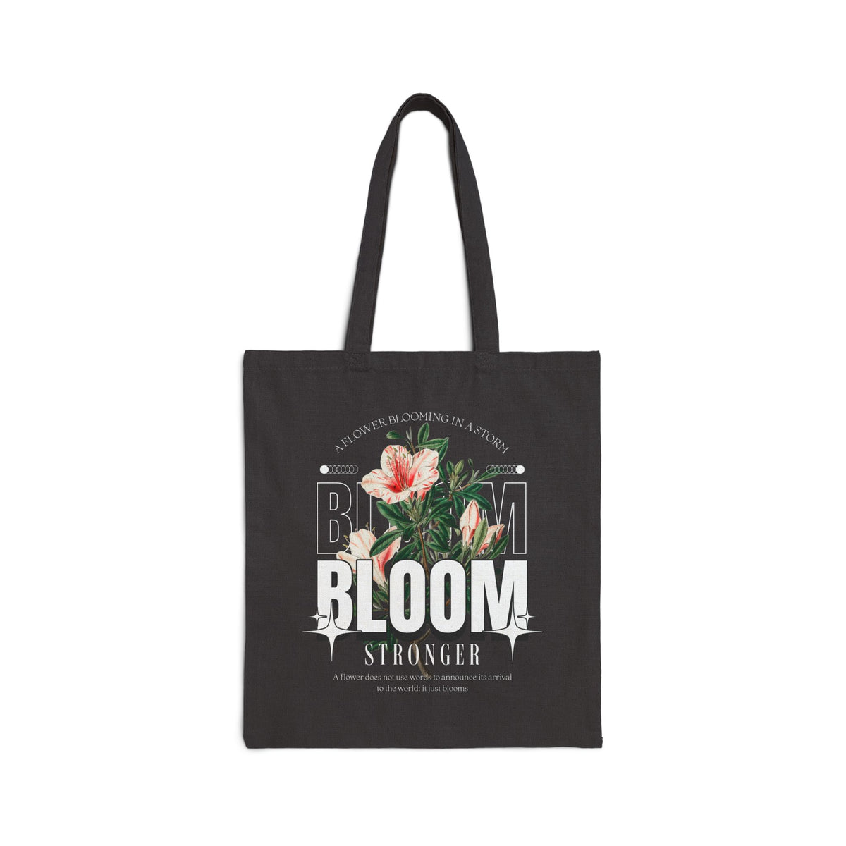 Cotton Canvas Tote Bag Bloom Stronger Floral Graphic Reusable Shopping Bag Black Motivational Nature Inspired Aesthetic Streetwear Fashion Accessory