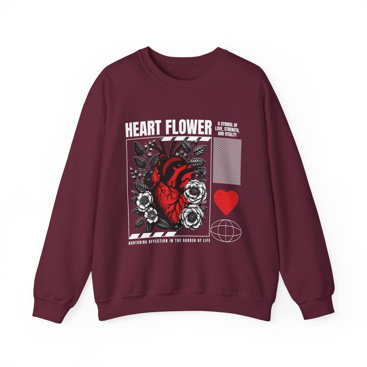 Heart Flower Graphic Unisex Heavy Blend Crewneck Sweatshirt Comfortable Streetwear Pullover Bold Red and Black Floral Heart Design Symbol of Love Strength and Vitality Perfect Gift for Friends...