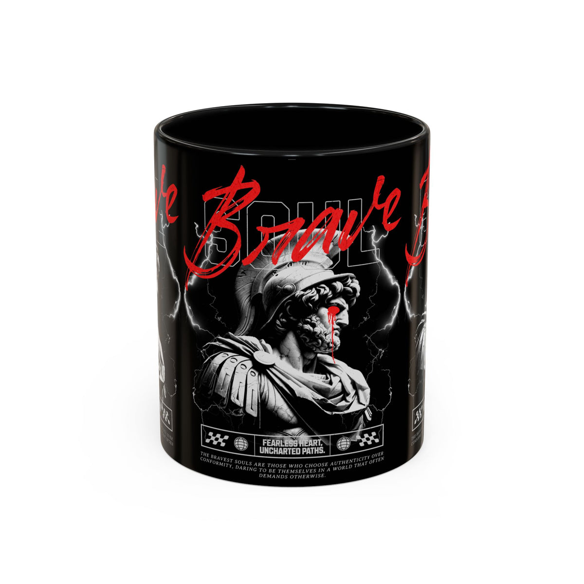 Brave Soul Warrior Accent Coffee Mug 11oz 15oz Black Ceramic Two Tone Cup Bold Statue Design with Red Script Gift for Coffee Lovers