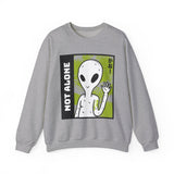 Not Alone Alien Unisex Crewneck Sweatshirt UFO Cartoon Graphic Pullover Extraterrestrial Sci Fi Space Themed Conspiracy Inspired Paranormal Streetwear