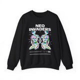 Neo Invaders Futuristic Holographic Graphic Unisex Heavy Blend Crewneck Sweatshirt Sci Fi Cyberpunk Streetwear Bold Statement Pullover