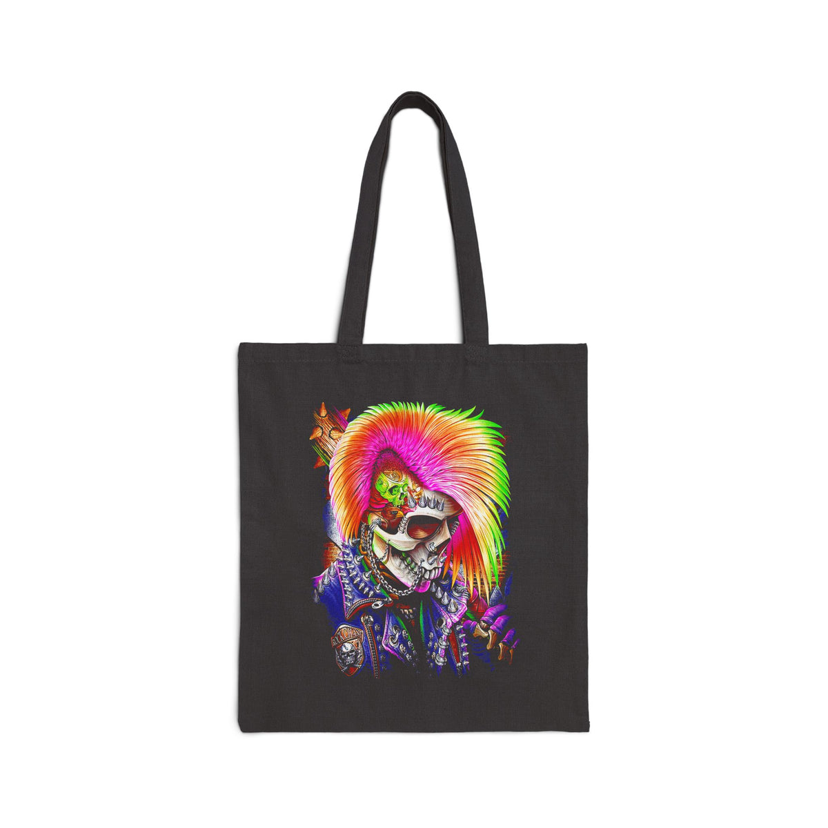 Calavera Punk Skull Tote Bag Neon Gothic Streetwear Accessory Bold Punk Art Festival Carryall For Tattoo Lovers Halloween Outfits And Alternative Fashion Enthusiasts