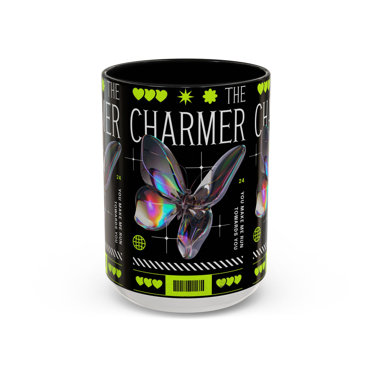 The Charmer Butterfly Accent Coffee Mug 11oz 15oz Black Two Tone Ceramic Cup Aesthetic Iridescent Butterfly Design Gift for Coffee Lovers