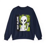Not Alone Alien Unisex Crewneck Sweatshirt UFO Cartoon Graphic Pullover Extraterrestrial Sci Fi Space Themed Conspiracy Inspired Paranormal Streetwear
