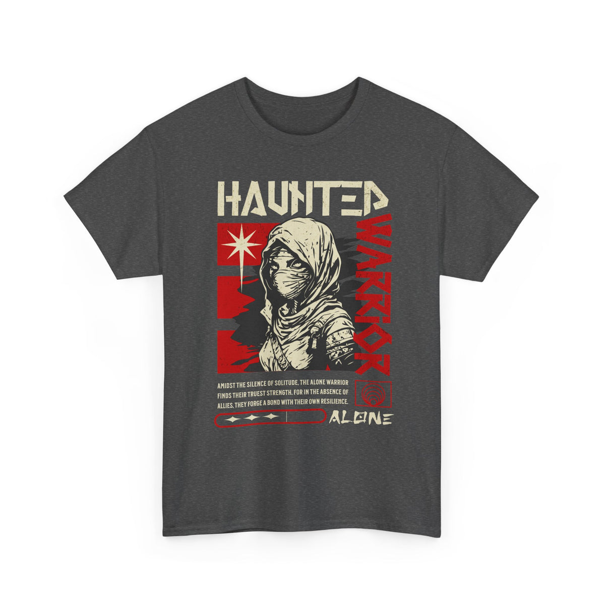 Haunted Warrior Unisex Heavy Cotton Tee Graphic Black T Shirt Bold Red Samurai Ninja Inspired Futuristic Streetwear Artistic Fashion Outfit