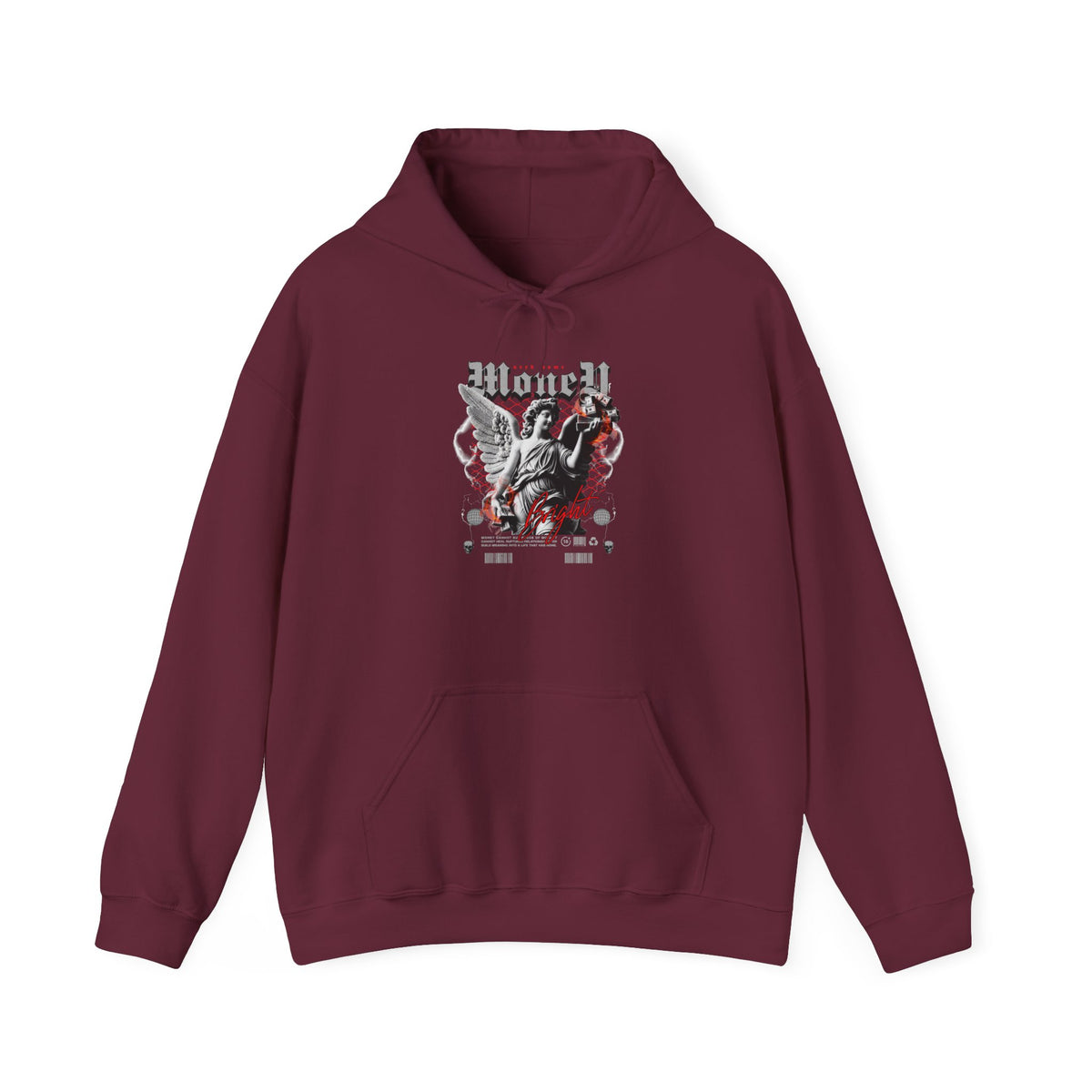 Money Bright Unisex Heavy Blend Hooded Sweatshirt Angel Statue Graphic Gothic Streetwear Red Neon Aesthetic Artistic Fashion Hoodie