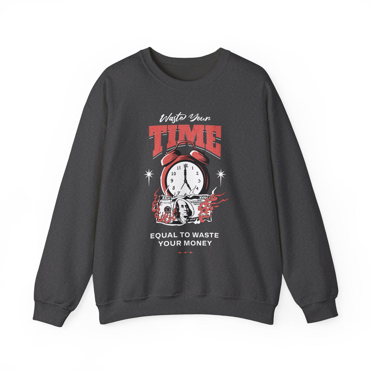 Waste Your Time Unisex Heavy Blend Crewneck Sweatshirt Graphic Pullover Black Motivational Hustle Money Clock Streetwear Bold Entrepreneur Mindset Fashion Outfit