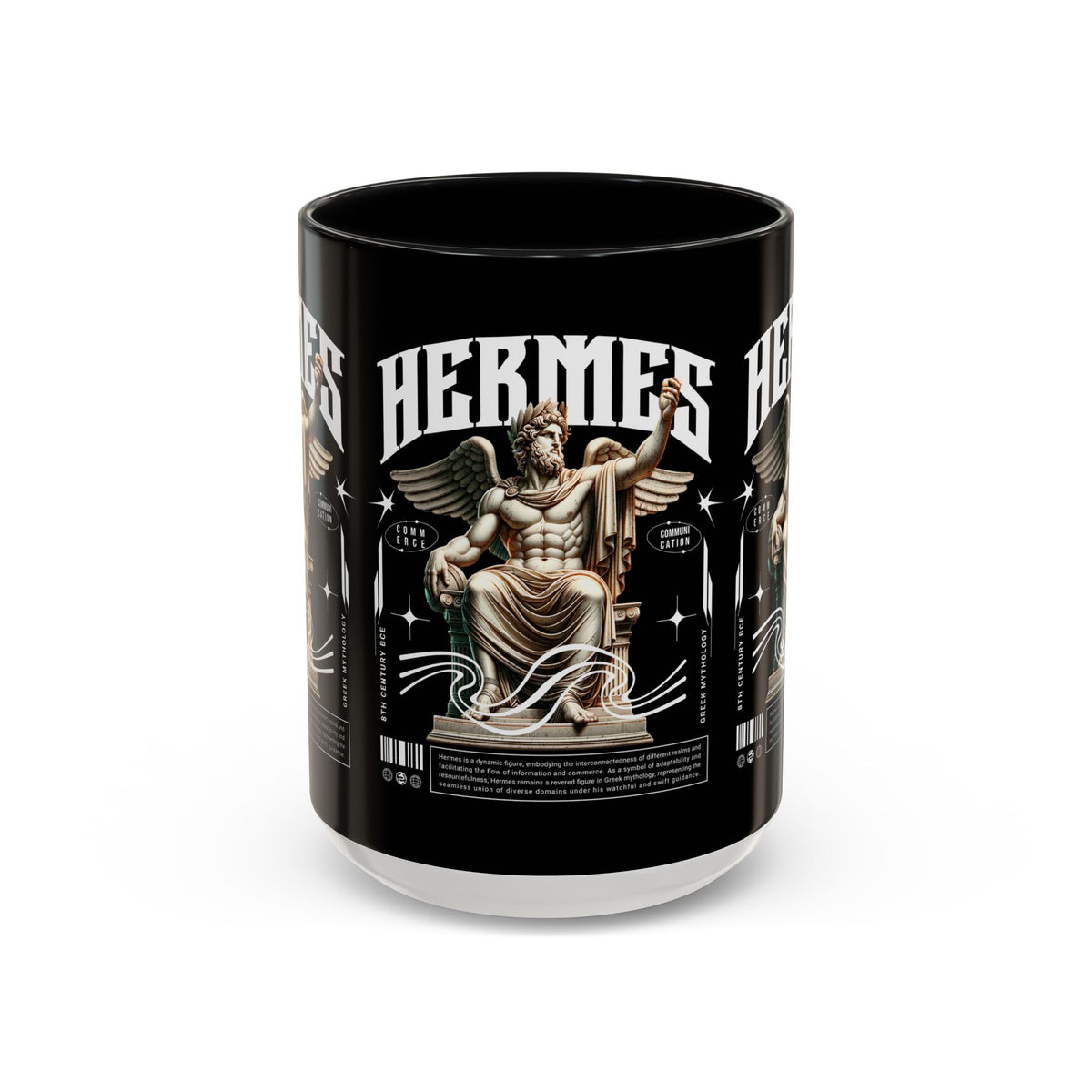 Hermes Accent Coffee Mug 11oz 15oz Black Ceramic Mythology Cup with Greek God Winged Statue Design for History Lovers and Art Enthusiasts