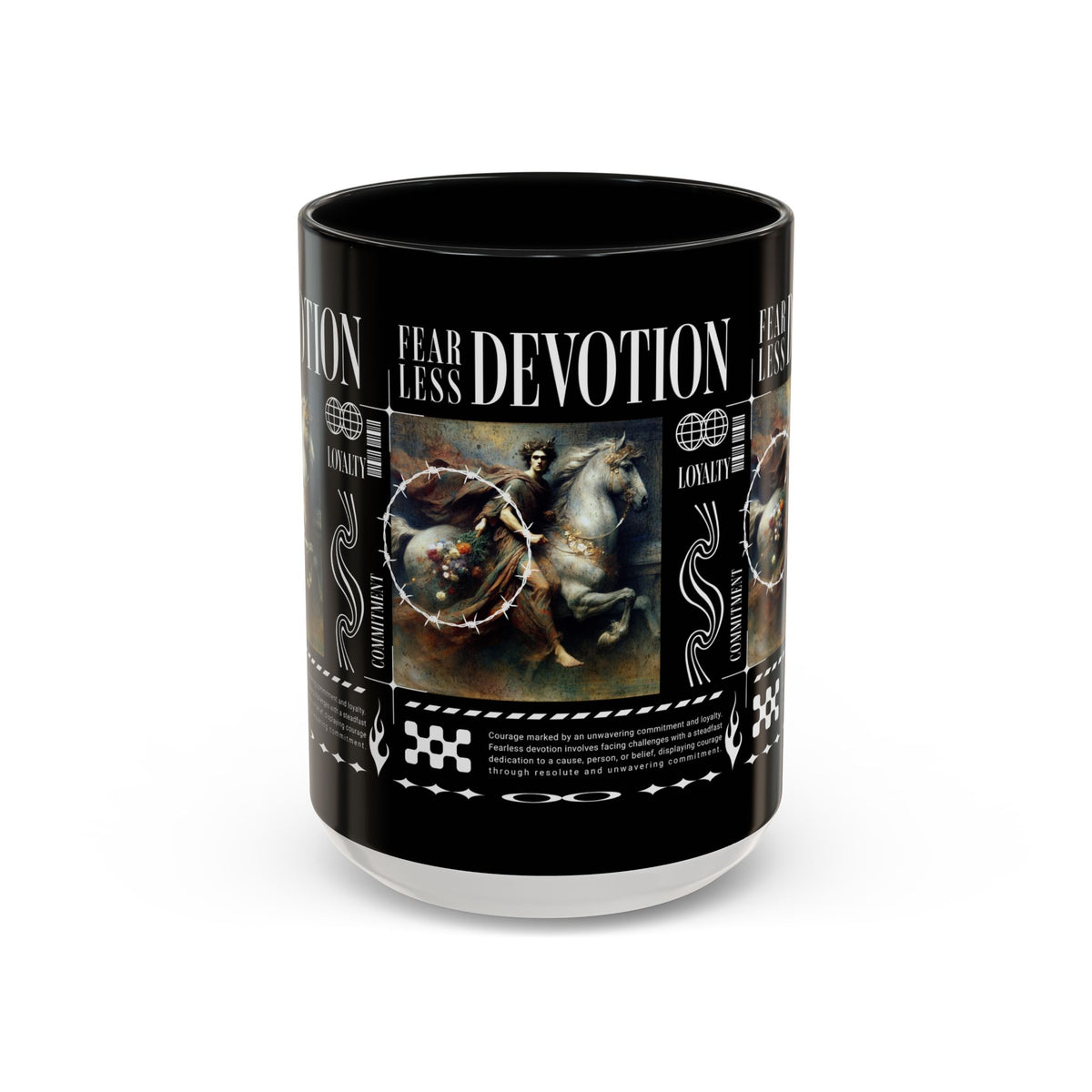 Fearless Devotion Accent Coffee Mug 11oz 15oz Black Ceramic Cup with Warrior on Horse Artwork for Courage Loyalty and Strength Lovers