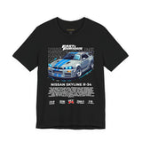Nissan Skyline GT R R34 Inspired Illustrated JDM Racing Car Graphic T Shirt Iconic Japanese Performance Street Racing Culture Automotive Streetwear Gift For Car Enthusiasts