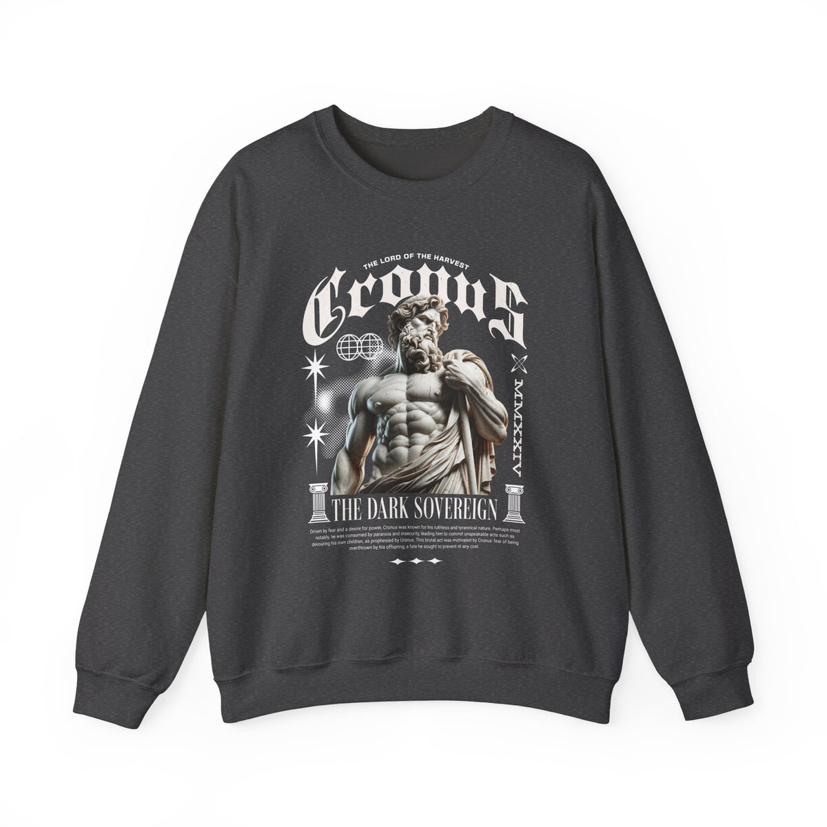 Cronus The Dark Sovereign Unisex Heavy Blend Crewneck Sweatshirt Greek Mythology Statue Graphic Gothic Streetwear Bold Artistic Pullover